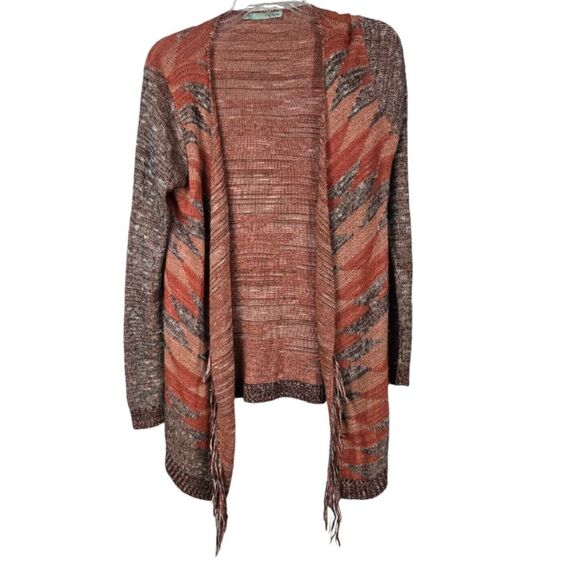 Maurices Aztec Open Front Fringe Drapey Cardigan Henna Knitted Long Sleeve Cardi - Picture 2 of 13